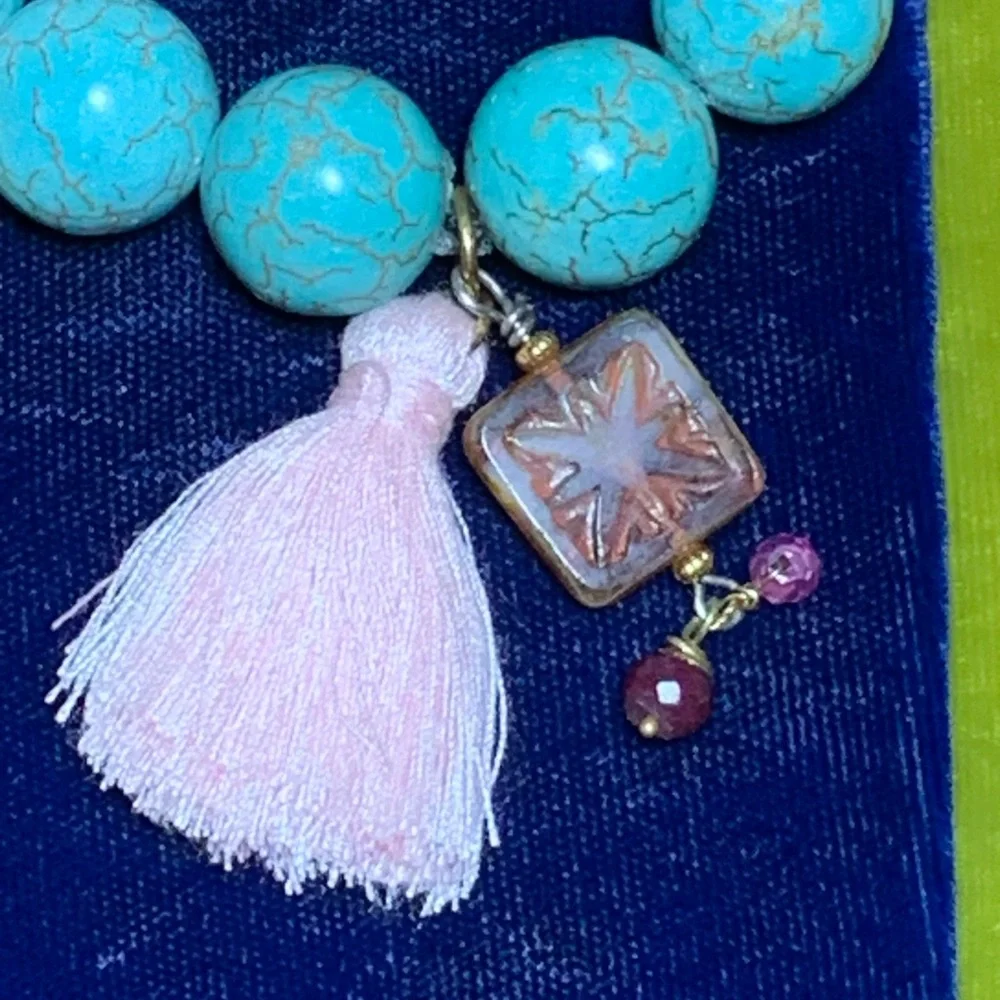 Handmade Howlite Pink Quartz Ruby Czech Glass Beaded Tassel Bracelet